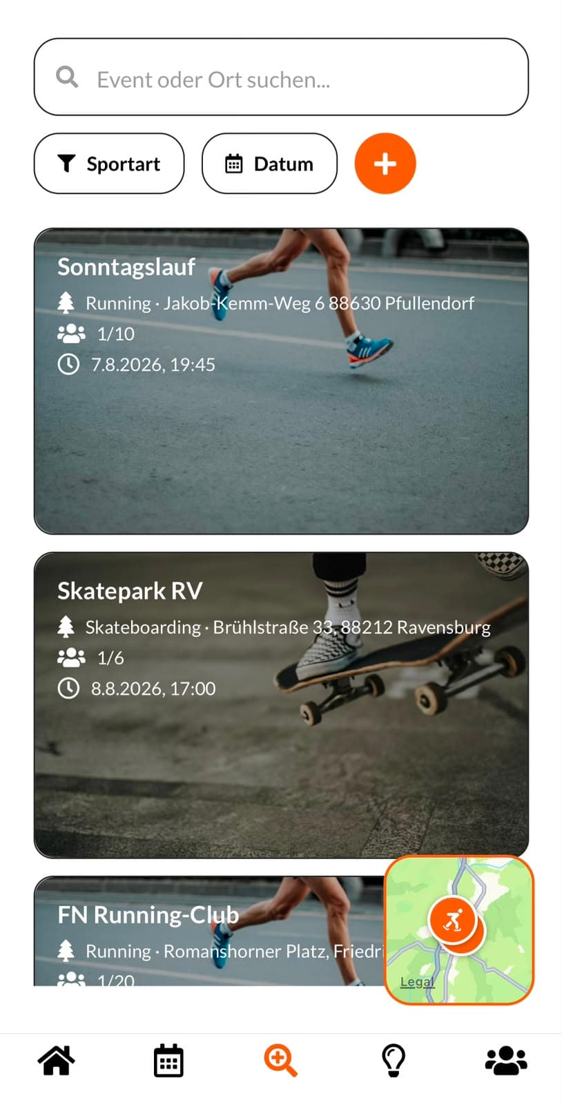 Listenansicht mit Sport-Sessions in der Nähe