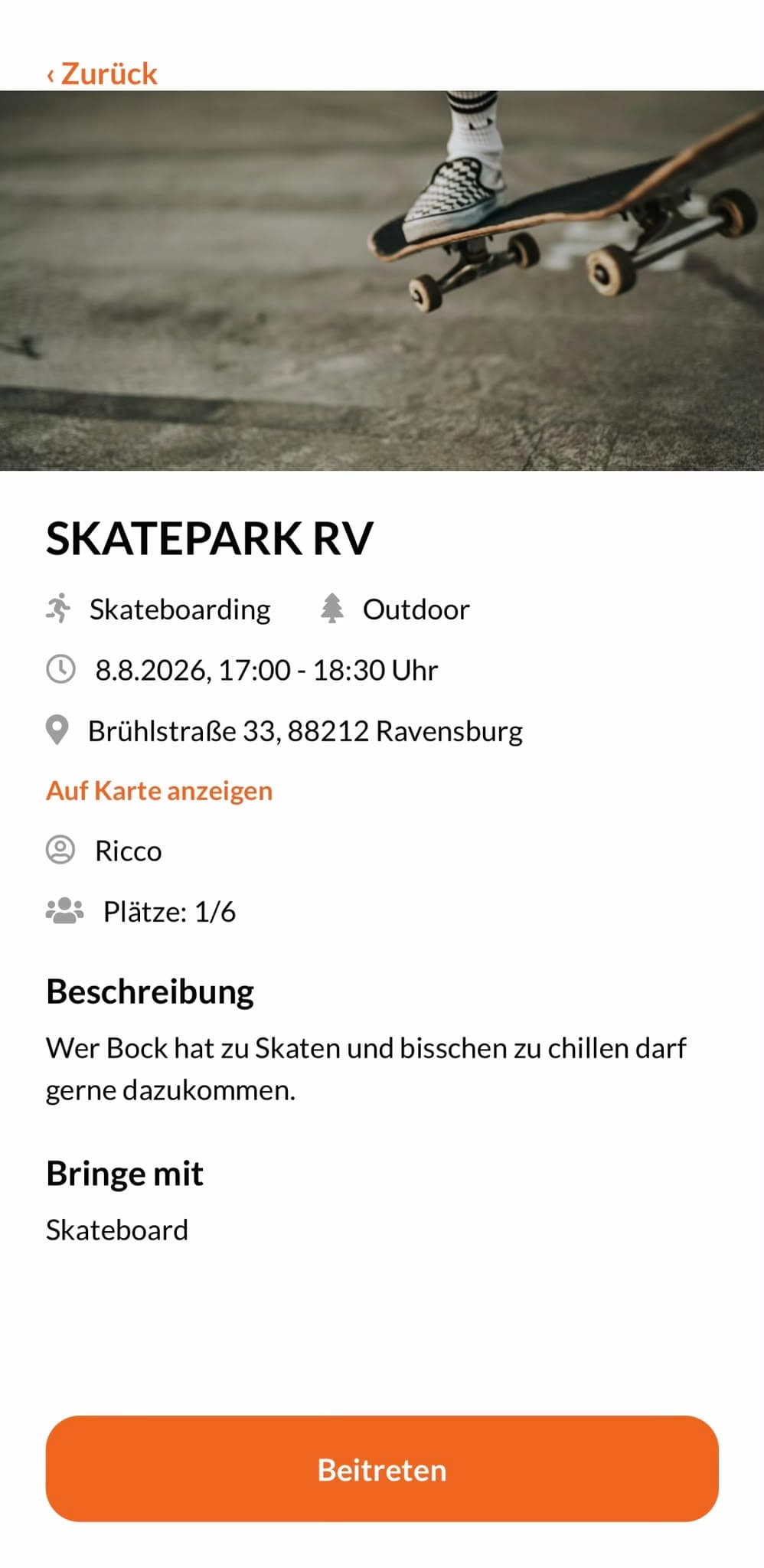 Detailansicht einer Sport-Session mit Ort, Uhrzeit und Teilnehmerzahl