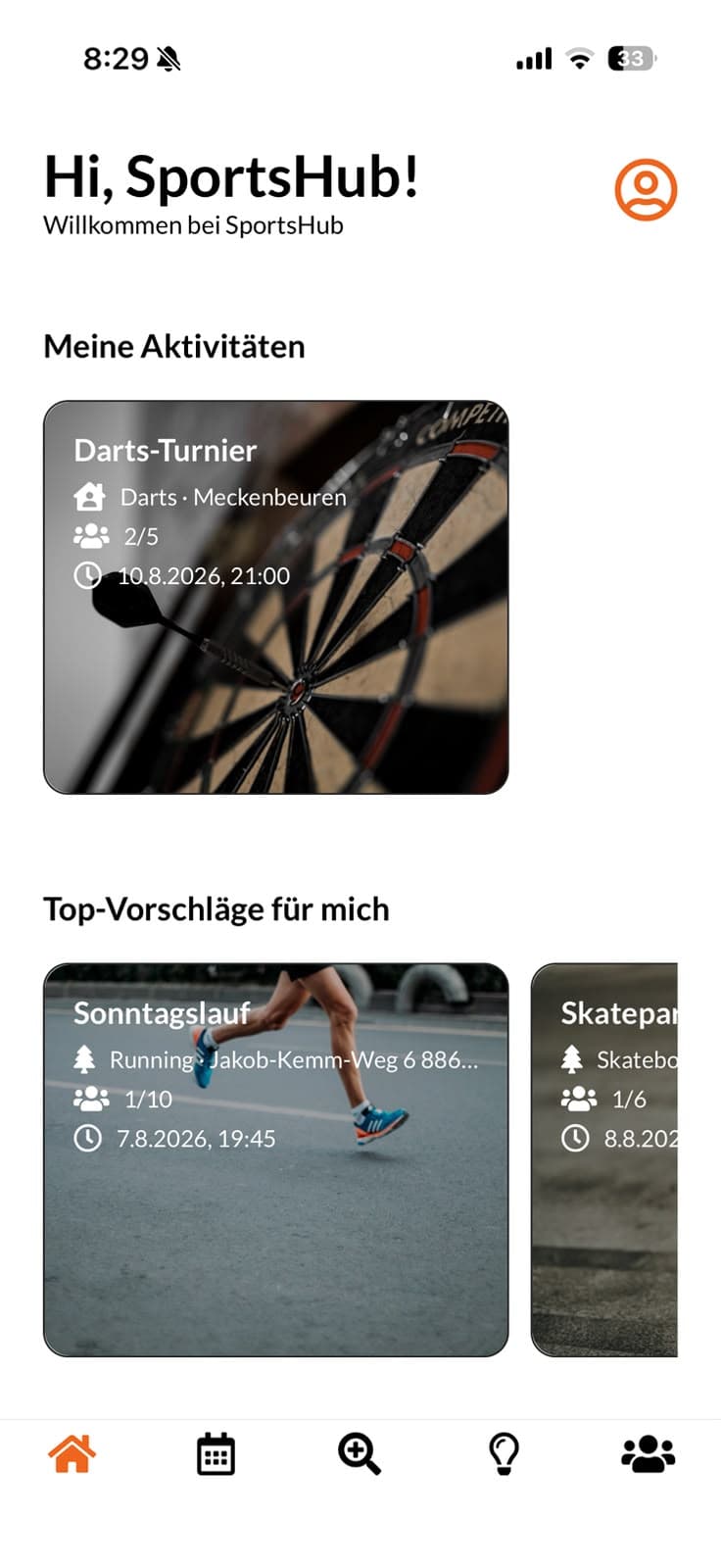 SportsHub Startbildschirm mit persönlicher Begrüßung und eigenen Aktivitäten