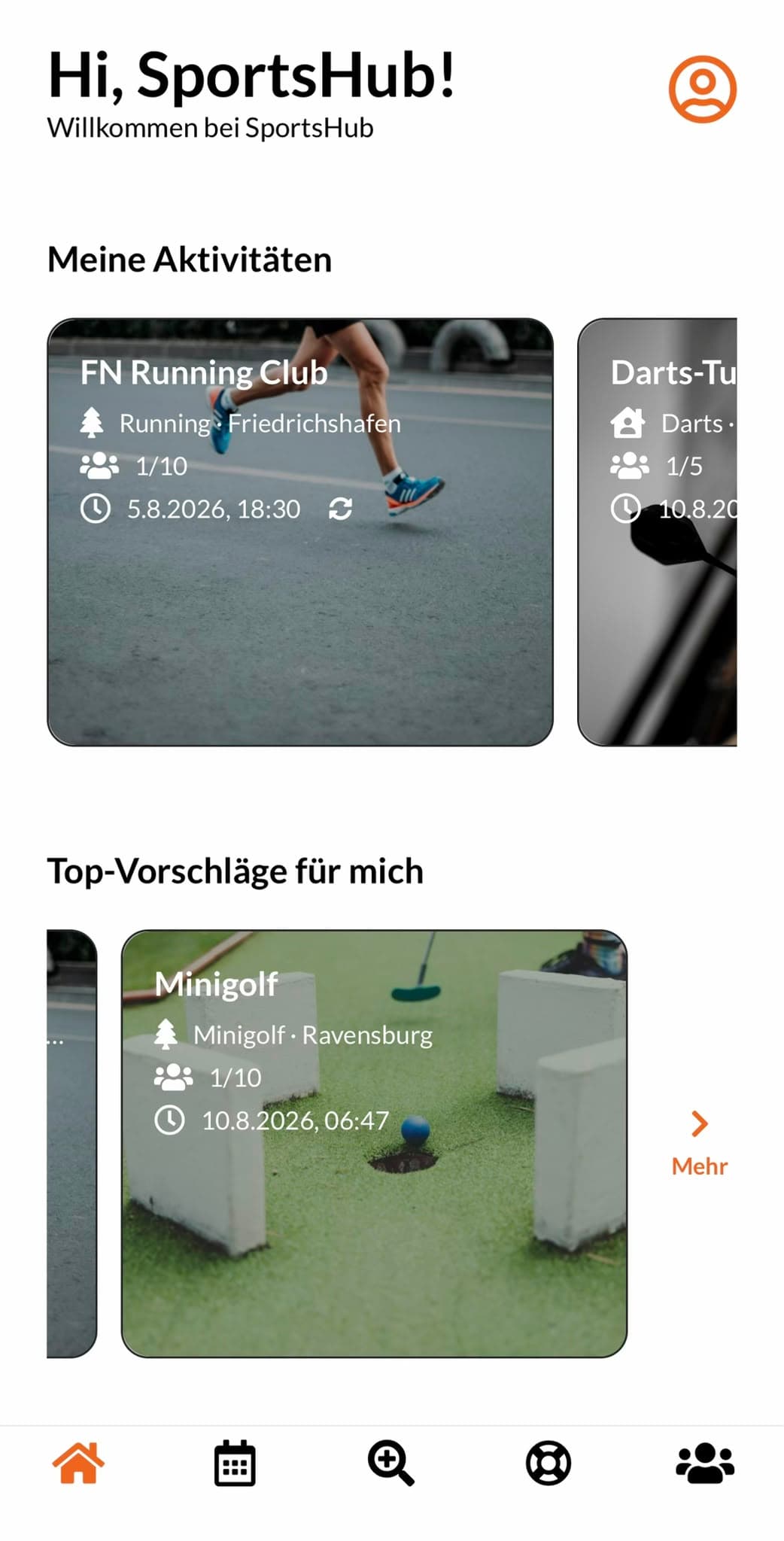 SportsHub Startbildschirm mit persönlicher Begrüßung und eigenen Aktivitäten