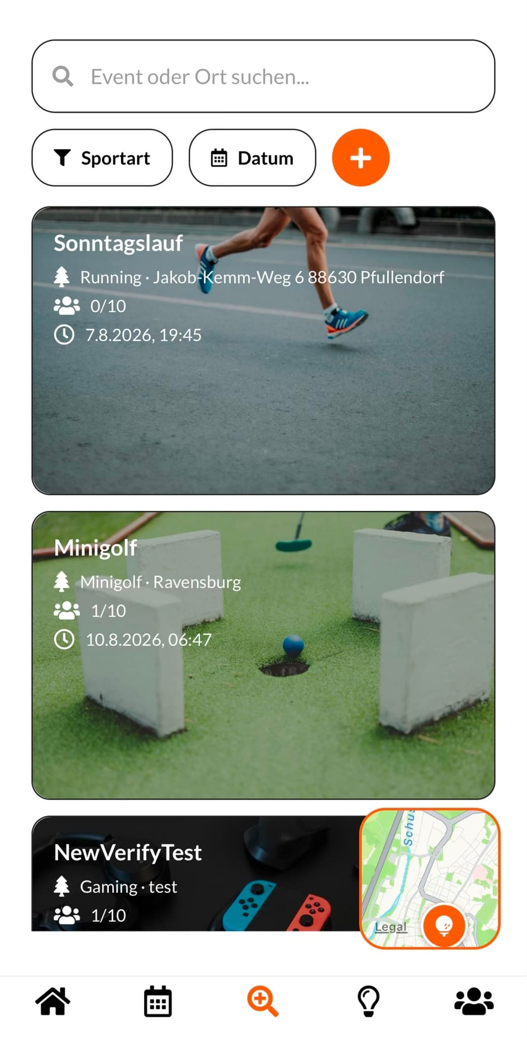 Listenansicht mit Sport-Sessions in der Nähe