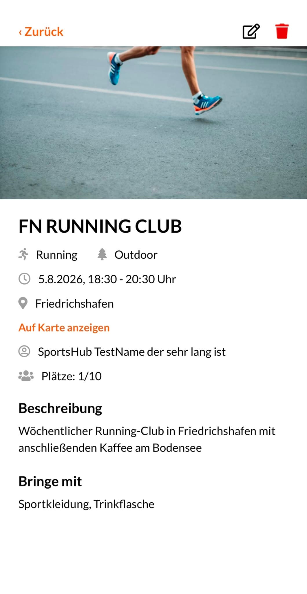Detailansicht einer Sport-Session mit Ort, Uhrzeit und Teilnehmerzahl