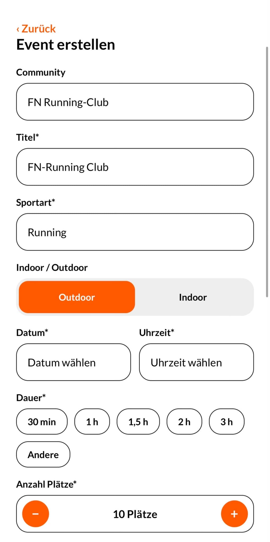 Formular zum Erstellen eines eigenen Events